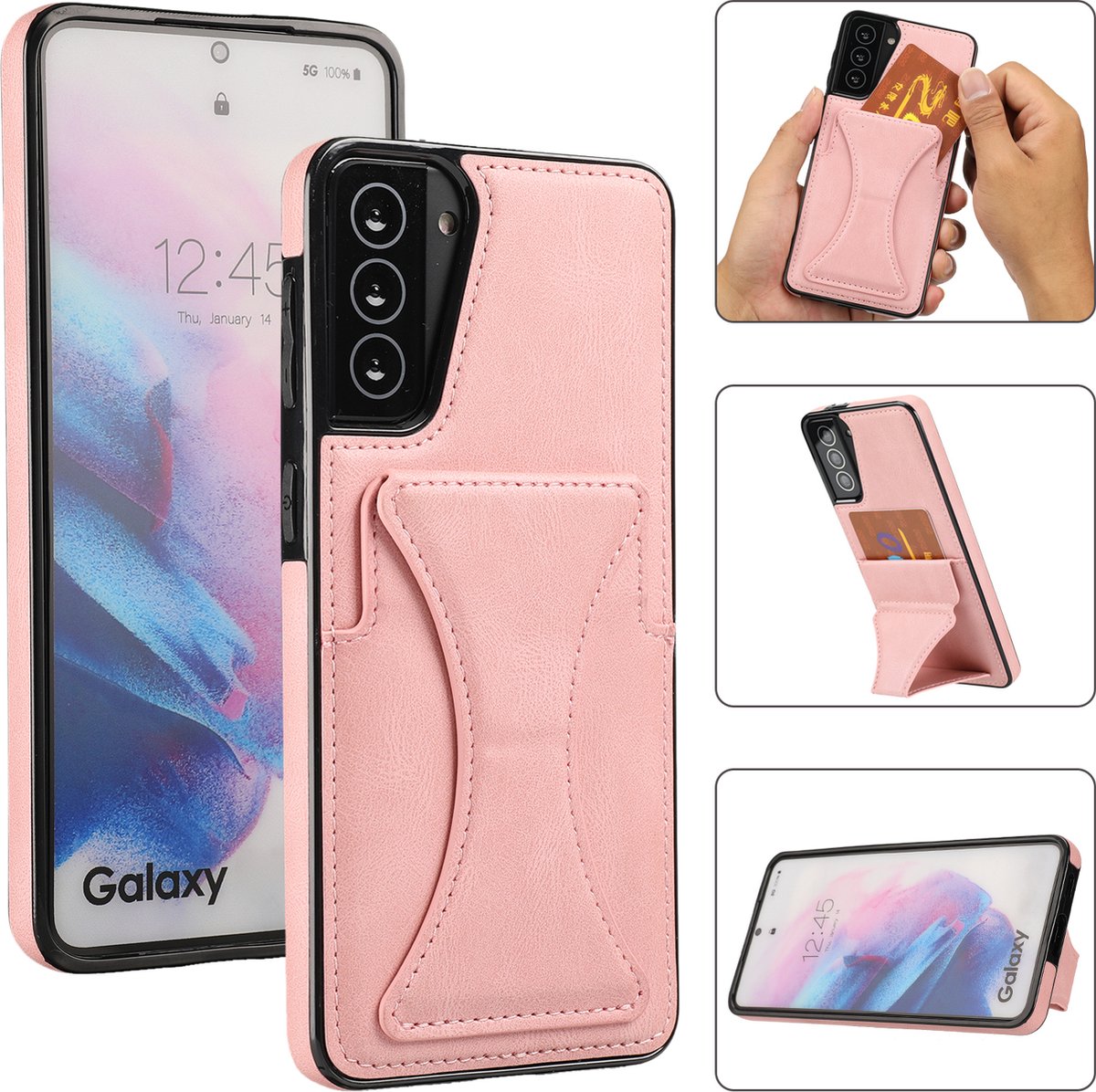 Samsung Galaxy S21 Lederen Hoesje | Back Cover Telefoonhoesje | Pasjeshouder | Roze