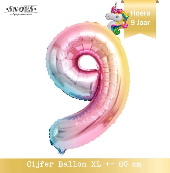 9 Jaar Folieballon Regenboog * 80 cm ballon * Snoes * Verjaardag Hoera 9 Jaar met Mini Unicorn Ballon * Eenhoorn Ballon * Feestje * Versieren * Magical