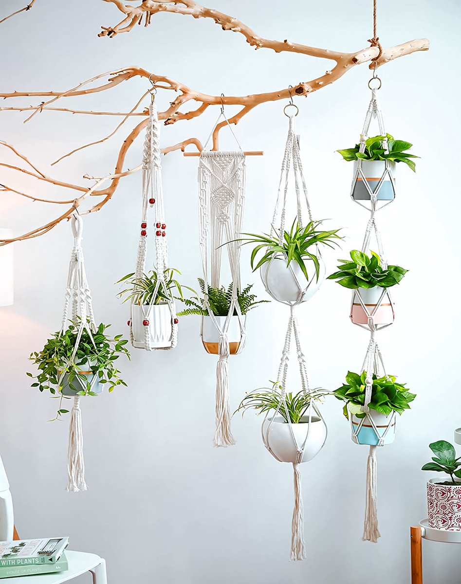 5-Delig Luxe Macramé Plantenhangers Set - Boho Handgeweven Katoen Hangpot voor Binnen/Buiten - Hangende Bloempot met Kralen - Plant Houder - Bohemian Wandhanger Decoratie - Tuin Hanger Bloempothouder Planthanger — afbeelding 3