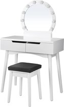 Songmics RDT11WL Make-uptafel, kaptafel, met verlichting, spiegel en gloeilampen, met kruk met zachte bekleding, 2 grote schuifladen, wit