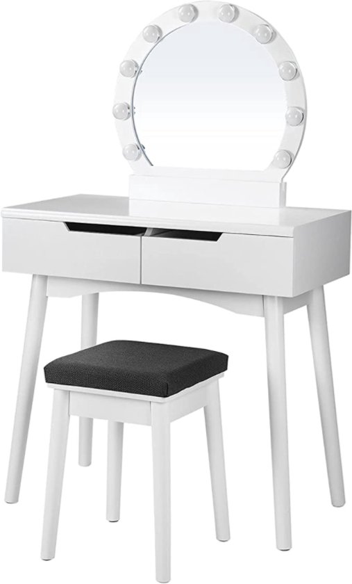 Puselo Make-uptafel met verlichting en spiegel, make-uptafel met 7 schuifladen, 8 planken voor slaapkamer, 110 x 40 x 140 cm, zwart