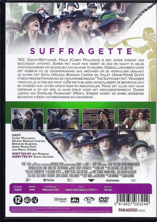 DVD-hoes met tekst 'SUFFRAGETTE', hoofdrolspelers en speel informatie.