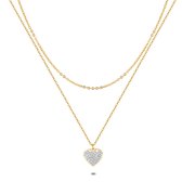 Twice As Nice Halsketting in goudkleurig edelstaal, dubbele ketting, hart met witte kristallen  40 cm