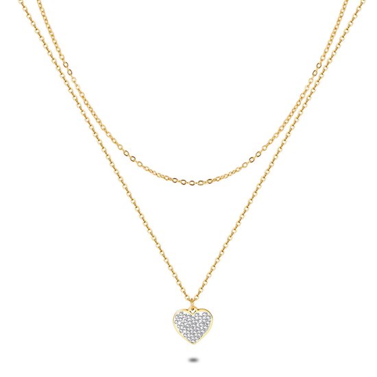 Twice As Nice Halsketting in goudkleurig edelstaal, dubbele ketting, hart met witte kristallen 40 cm