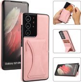 Samsung Galaxy S21 Ultra Lederen Hoesje | Back Cover Telefoonhoesje | Pasjeshouder | Roze