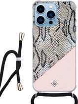 iPhone 13 Pro Max hoesje met koord - Snake print roze | Apple iPhone 13 Pro Max crossbody case | Zwart, Transparant | Slangenprint