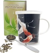 Cadeau set voor moeder, vrouw of oma bestaande uit 50 gram thee theebeker kraanvogel zwart 300 ml plus stalen maatlepel.