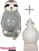 Luiaard spaarpot (Grijs) + Ananas spaarpot (Wit) | spaarpot jongen meisje, spaarvarken, spaarpotten volwassenen, kerst sinterklaas cadeau verjaardag