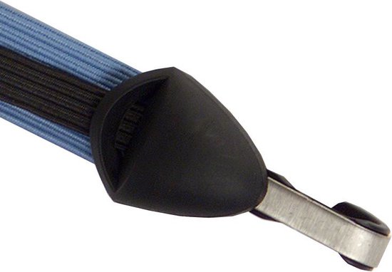 Een blauw-zwarte elastische band met een zwarte plastic haak.