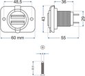 Technische tekening van dubbele USB-poort met afmetingen.