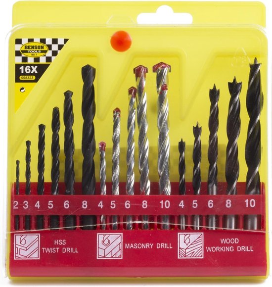 Gele Benson Tools koffer met 16 boren, inclusief maten voor HSS twist-, steen- en houtboren.