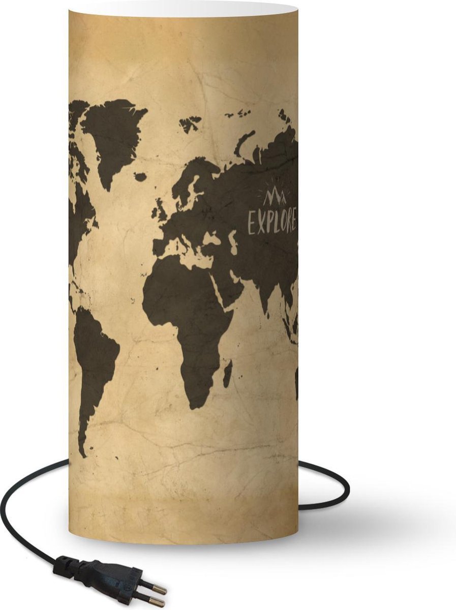 Lamp - Nachtlampje - Tafellamp slaapkamer - Wereldkaart - Vintage - Bruin - 54 cm hoog - Ø22.9 cm - Inclusief LED lamp