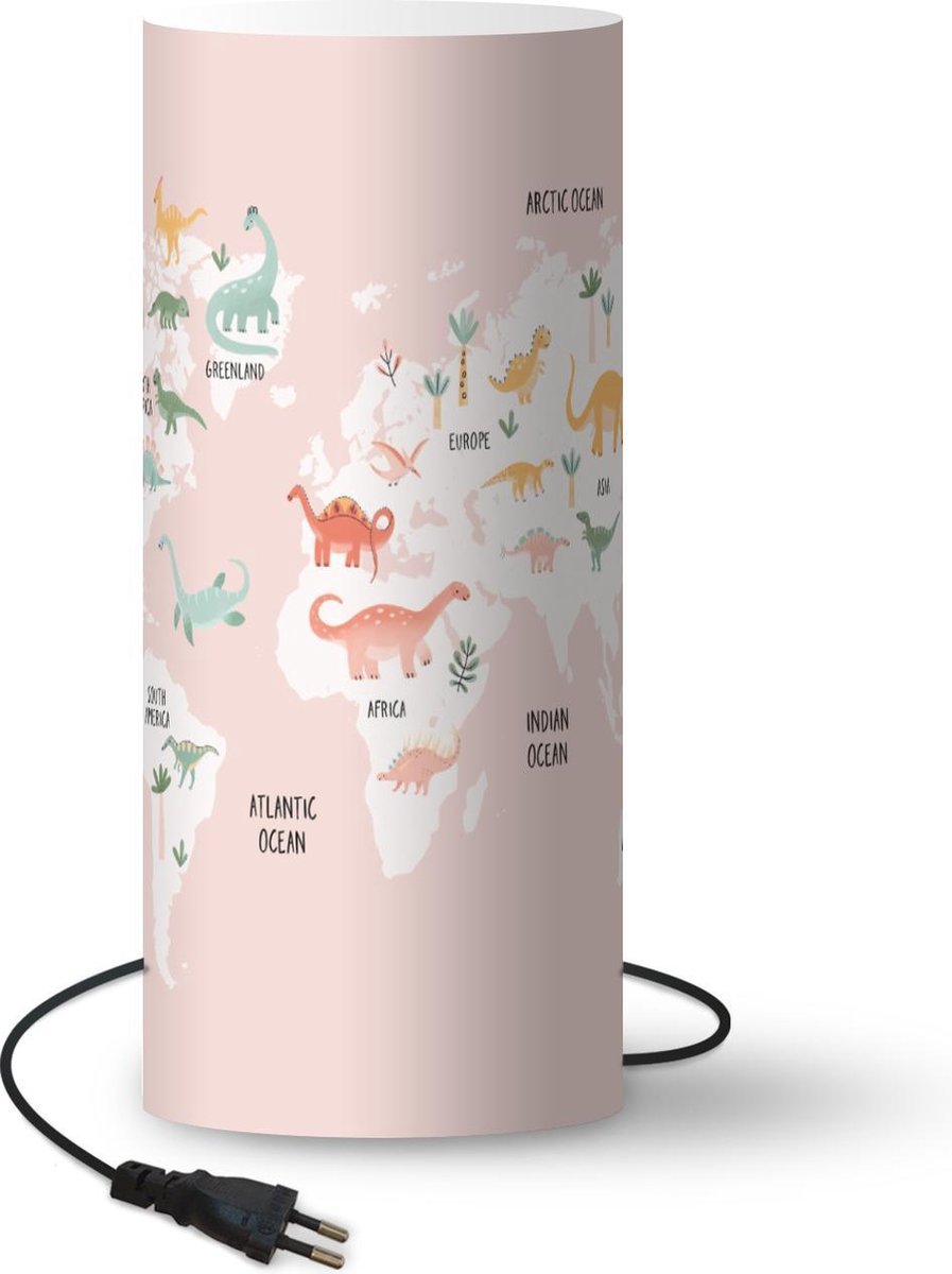 Lamp - Nachtlampje - Tafellamp slaapkamer - Wereldkaart - Kinderen - Dino - 33 cm hoog - Ø14.3 cm - Inclusief LED lamp