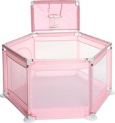 Kinderbox - Speelbox - Babybox - Boxen - Speelpen - Ballenbak met Mand - Grondbox - Kruipbox - Voor Peuter en Kind tot 36 Maanden - Afscherming - Met Zuignappen - Roze, 130 x 110 x 65 cm - 6 