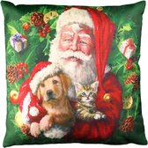 Noël - Oreiller - Père Noël avec chien et chat