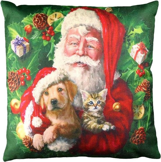 Kerst - Kussen - Kerstman met hond en kat