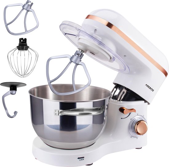 AREBOS Keukenmachine - 1500W - Keukenrobot - 6L - Keukenmixer - Foodprocessor - Roestvrij Stalen Mengkom - 6 Snelheden - Wit