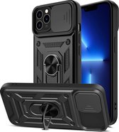 Hoesje Geschikt voor iPhone 13 Mini Hoesje met Camera Bescherming Zwart – met ring houder Rugged Armor Back Cover - Case - Camera Schuif