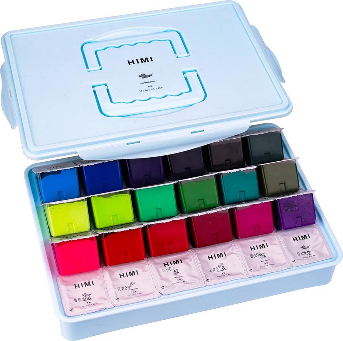 HIMI - Gouache - set van 24 kleuren x 80ml - in kunststof opbergbox blauw