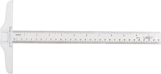 Transparante 30cm T-liniaal met centimeters en inches.