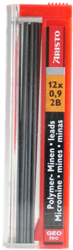 Aristo 12x potloodstiftjes 0.9 2B in een doorzichtig doosje met rode opdruk.
