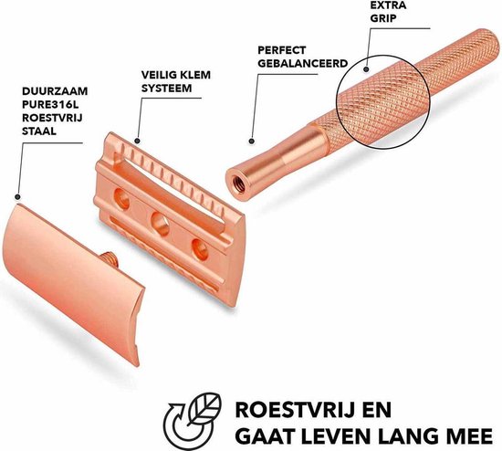 Bamboozy Safety Razor RVS + 20 Scheermesjes Rose Gold Goud voor Vrouwen Dames Zero Waste Scheermesje Veiligheidsscheermes