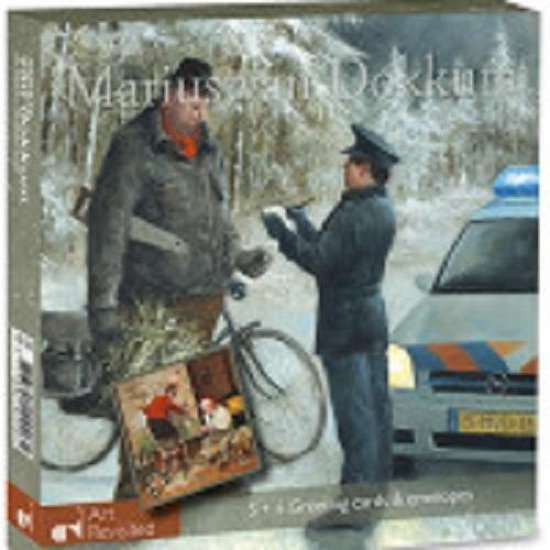 Marius van Dokkum Art Revisited doos met 5+5 kerstkaarten. Afbeelding man met fiets en politieagent bij sneeuwlandschap.