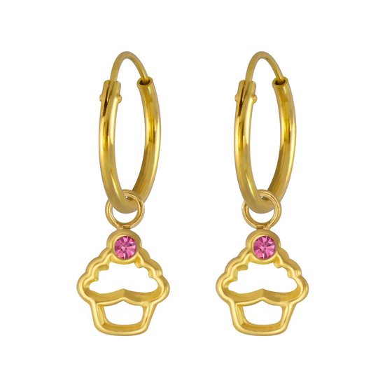 Joy|S - Zilveren cupcake bedel oorbellen - oorringen - kristal roze - 14k goudplating