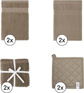 EM Kitchen Keukentextiel Set – Taupe - 8-delig – 2 Theedoeken + 2 Keukendoeken + 2 Vaatdoeken + 2 Pannenlappen