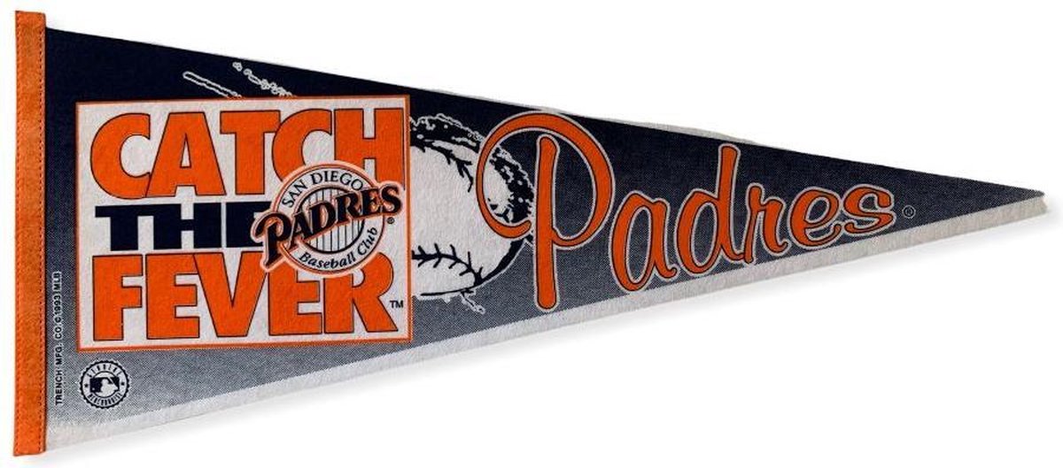 USArticlesEU - San Diego Padres - SD - Californie - MLB - Vintage - 90s - Vaantje - Baseball - Honkbal - Sportvaantje - Pennant - Wimpel - Vlag - Rood/Wit/Blauw - 31 x 72 cm