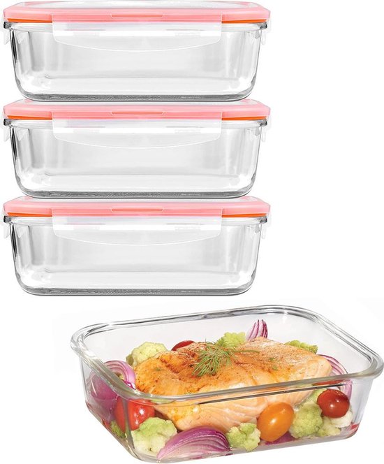 Lock&Lock Glazen vershoudbakjes - Glazen meal prep bakjes - Glazen bakjes met deksel - Ovenschaal met deksel - Bewaarbakjes - Luchtdicht - 1 liter - Set van 4 stuks