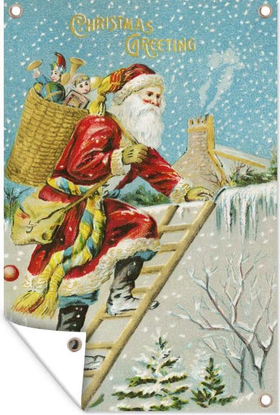 Tuindecoratie Kerstman - Sneeuw - Cadeaus - 40x60 cm - Tuinposter - Tuindoek - Buitenposter