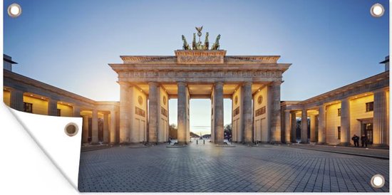 Tuinposter Brandenburger Tor - Berlijn - zonsopgang - 80x40 cm - Wanddecoratie Buiten - Tuinposter - Tuindoek - Schuttingposter - Tuinschilderij