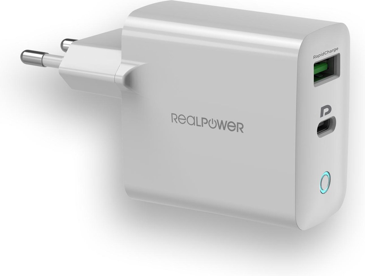 RealPower PC-20 compacte wandlader 20W - Snellader - 2 oplaadpoorten - 1 x USB-C PD 1 x USB - Wit