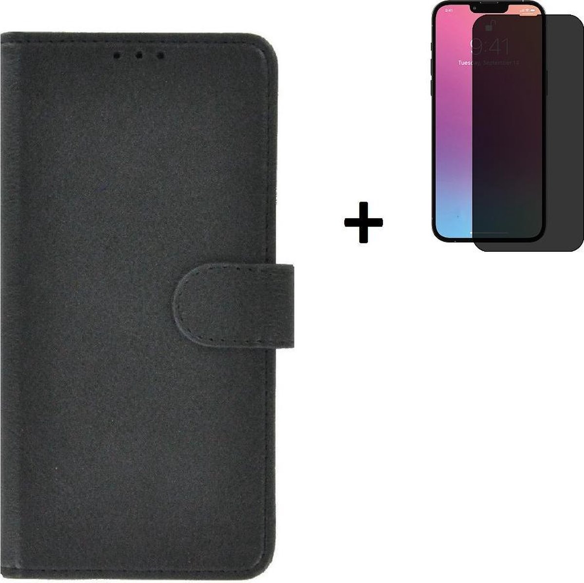 Hoesje Geschikt voor iPhone 13 Pro Max + Screenprotector iPhone 13 Pro Max - iPhone 13 Pro Max Hoes Wallet Bookcase Zwart + Privacy Tempered Glass