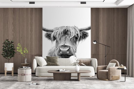 Papier peint - Papier peint photo Vache - Highlander écossais - Zwart - Wit - Largeur 190 cm x hauteur 260 cm
