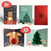 Luxe Kerstkaarten - 3D Kaart - Kerstboom & Rendier - 8 Stuks - Met Envelop