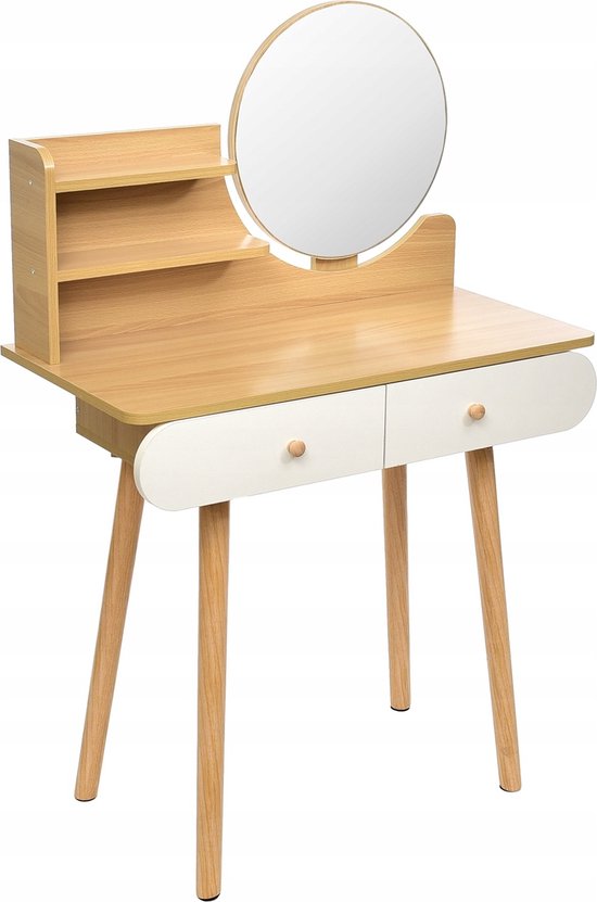 Coiffeuse en bois avec miroir rond et tiroirs - 122x80x40 cm | bol