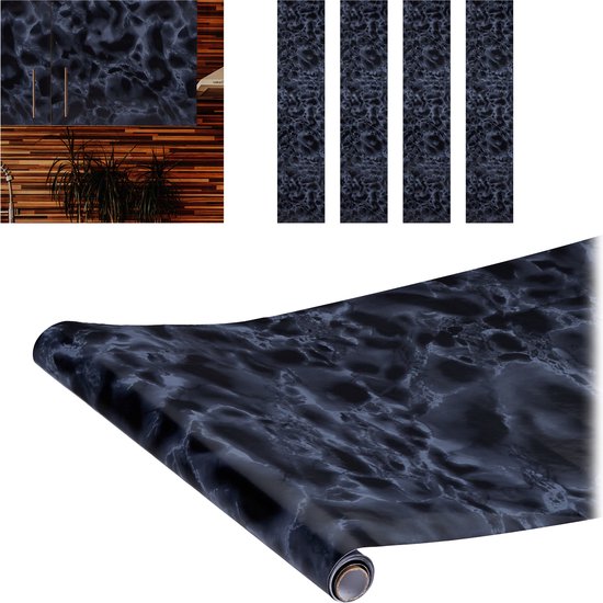 Relaxdays 5x plakfolie - zwarte marmerlook - decoratiefolie zelfklevend - meubelfolie