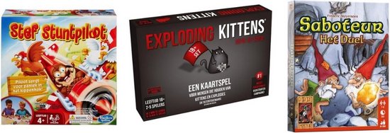 Afbeelding van het spel Spellenbundel - 3 Stuks - Exploding Kittens NSFW (18+) & Saboteur: Het Duel & Stef Stuntpiloot