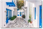 Grieks Straatje - Griekenland - Tuinposter 90x60 - Wanddecoratie - Bloemen
