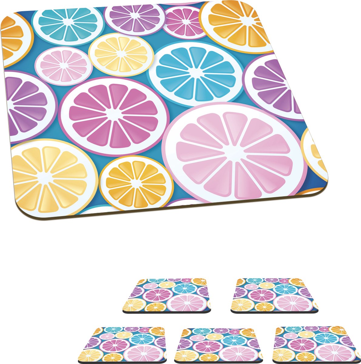 Onderzetters voor glazen - Fruit - Grapefruit - Tropisch - 10x10 cm - Glasonderzetters - 6 stuks