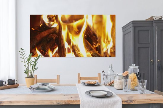 Tableau sur toile Une cheminée avec feu - 160x80 cm - Décoration murale