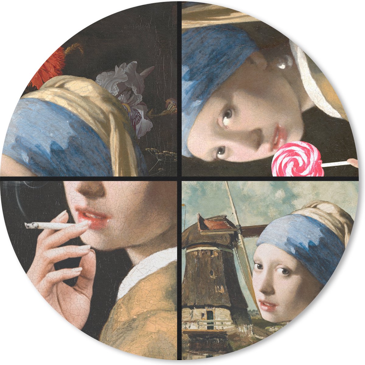 Muismat rond 20x20 cm - Mousepad Meisje met de parel - Vermeer - Collage - Ronde muismatten