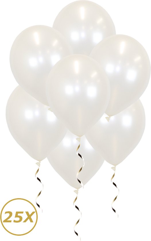 Een tros van 7 parelmoer witte ballonnen met gouden linten. Tekst '25X' in gouden cirkel.