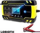 LORIOTH® Professionele Auto Acculader - 12-24 Volt Automatische Acculader - Multifunctioneel - LCD Display - Zwart + Geel