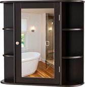 LUXGOODS Spiegelkast, badkamerkast met spiegel, aan de muur bevestigd opbergkast, houten hangend kast met verstelbare planken & open compartimenten, multifunctioneel medicijnkastje voor badkamer, woonkamer, keuken, 66 x 63 x 16,5 cm (Bruin)