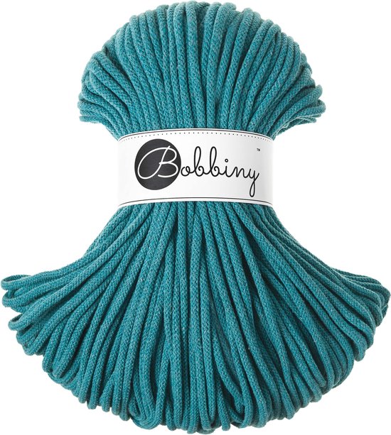Kluwen turquoise Bobbiny Premium gevlochten koord, 5 mm breed, met een papieren band met het Bobbiny logo.
