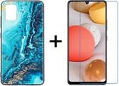 Samsung A42 Hoesje - Samsung Galaxy A42 Hoesje Marmer Donkerblauw Oceaan Print Siliconen Case - 1x Samsung A42 Screenprotector