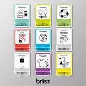 Brisz afvalstickers met afbeelding set van 9 afval stickers -  scan de QR code - en je weet waar het thuis hoort, hoe inleveren, waar inleveren en waarvoor! - met een informatief filmpje per afvalstroom -  Recycle stickers -